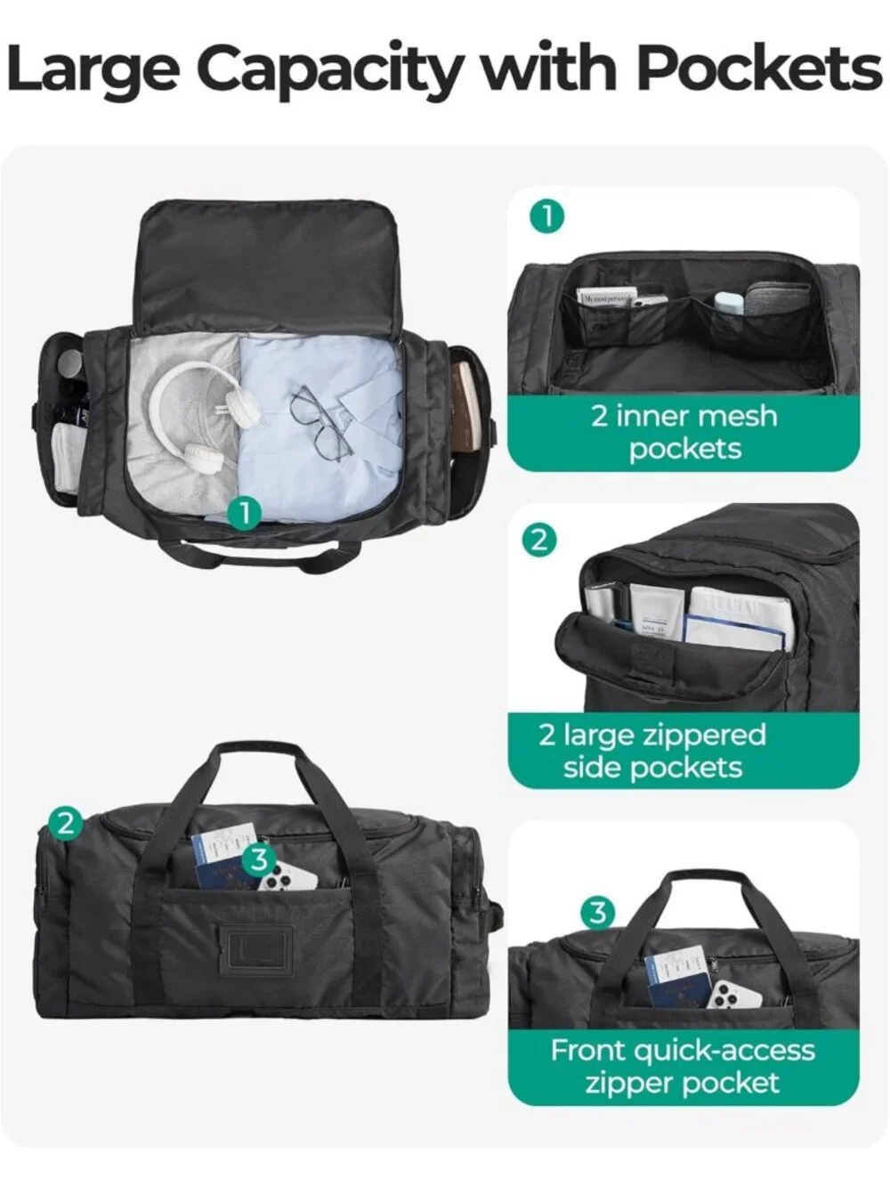 60L Foldable Duffle Bag - Large Travel Backpack & Weekender Bag, Army Green